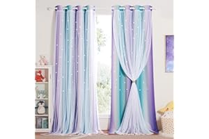 NICETOWN Cortinas Opacas Dormitorio Juvenil Cortinas Aislantes Termicas Cortinas Dobles con Estrellas Huecas y Gasa de Red para Habitacion Infantil, 2 Piezas, 132x213 cm, Azul-Lila