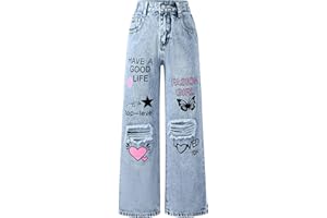 Happy Cherry Jeans Larghi Ragazze Pantaloni Strappati in Denim alla Moda Pantaloni Baggy Casual Vita Alta Elastica Vintage Blu Pants con Tasche per Bambina 5-14 Anni