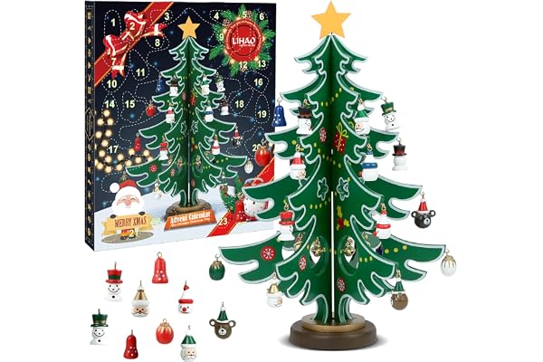 LIHAO Calendrier de l'Avent 2025, Mini Sapin de Noël en Bois pour Decorations Noel Table Cadeaux Enfants