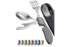 Orblue Paquete de 2 utensilios de camping 4 en 1 – Cuchara portátil de acero inoxidable para camping, tenedor, cuchillo y abridor de latas/botellas – Utensilios de embalaje con funda