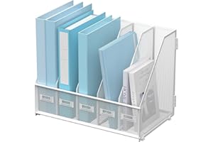 SUPTIDY Schreibtisch-Organizer aus Metall, Zeitschriftenhalter mit 5 vertikalen Fächern, Organizer für Büro, Schreibtisch, Heimarbeitsplatz, Weiß