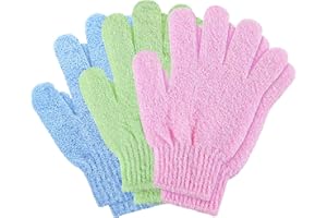 KURKIP 3 sztuki rękawiczek do peelingu, rękawice do mycia, złuszczające rękawiczki do ciała, do masażu, peelingu, do ciała i twarzy - zielone, niebieskie, różowe