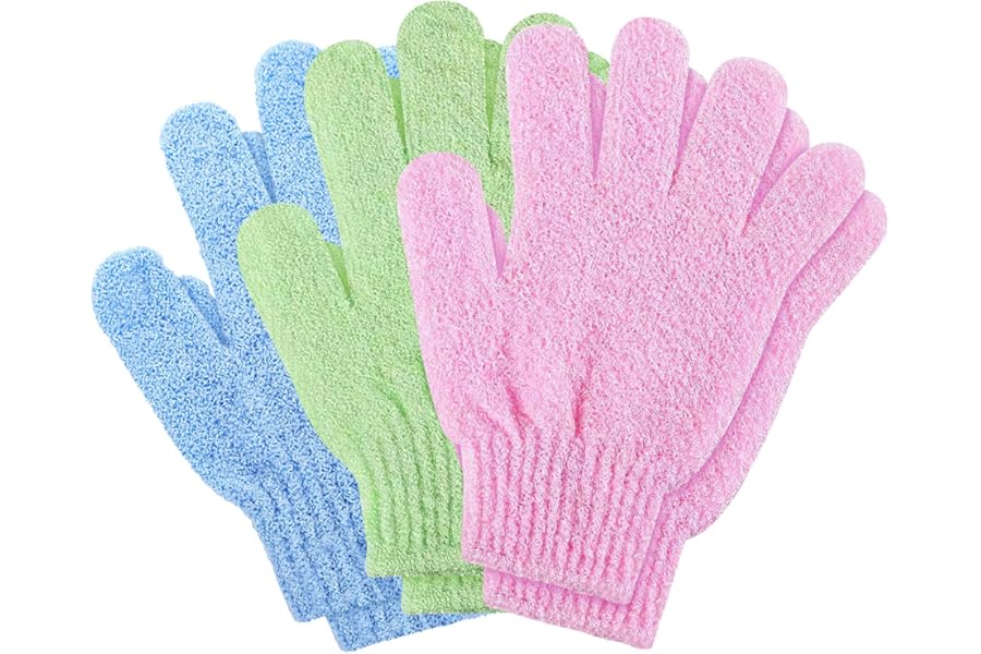Pack of 6 Exfoliating Gloves – Premium Body and Face Shower Mitts for Deep Cleansing, Massage, and Skin Exfoliation – Natural, Gentle, and Effective – Green, Blue, Pink