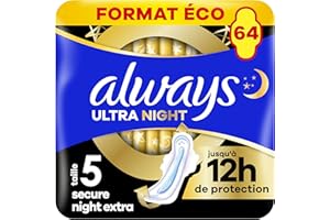 Always Ultra Serviettes Hygiéniques, Taille 5, Extra Secure Night, 64 Serviettes Avec Ailettes, Flux Très Abondants Nuit, Format Eco, Max Confort, Super Absorbantes et Ultra Fines