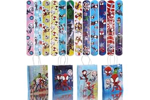 CLVSYH Spider-Man Bolsas de Papel, Pulseras de Juguete Slap Pulsera, 12 Pcs Pulseras de Juguete para Niños + 12 Pcs Bolsas de Regalo de Cumpleaños para Fiestas de Cumpleaños, Regalos para Fiestas Infantiles