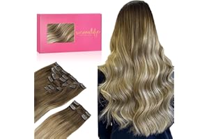 ‎WENNALIFE WENNALIFE Clip In Extensions Echthaar, 150g 60cm 9pcs Ombré Walnuss Braun bis Ash Braun und Bleach Blonde Clip In Extensions Hair Extensions Clip In Echthaar Extensions Clip Haarverlängerung Echthaar