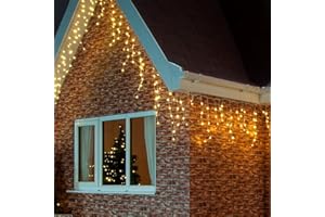 LIGHTSGO Outdoor Warm White Icicle Christmas Fairy Lights, 400 LED 10 Metres Lit Width, 80 Icicles, 8 Hour Timer, 8 Modes, Safe Voltage