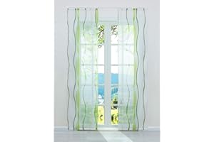ESLIR Schiebegardinen Set 2er Flächenvorhänge Gardinen mit Klettband Schiebevorhang Transparent Vorhang mit Wellen Druck Voile Grün BxH 57x175cm 2 Stück