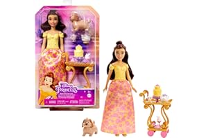 Mattel ​Disney Princess Toys, Belle Doll with Shiny Clothing, Tea Cart, Friends and Food Pieces, Tea Time Cart Playset, Inspired by Disney Movie​