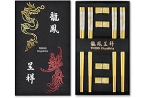 TIICOO Metalowe pałeczki wielokrotnego użytku 18/8 pałeczki ze stali nierdzewnej chiński smok i feniks pałeczki z uchwytem chiński tradycyjny stylowy zestaw upominkowy (4 pary) (złoty)