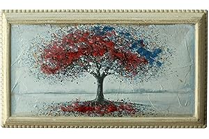 CVHOMEDECO. Primitive antike handbemalte Holzrahmen Wandbehang 3D Malerei Dekoration Kunst, Landschaft Baum Blumen Design, 37,5 x 21,6 cm