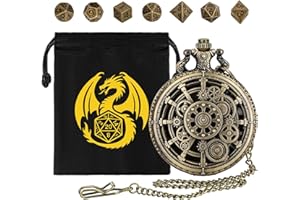 DND DADO Mini DND Dice Set with Hollow Gear Pocket Watch Shell Case, 7pcs Polyhedral Metal Dice Set, D&D Starter Set, DND Gifts with Gift Bag, Role Playing Board Games Accessories, Bronze