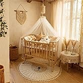 Bebek On For Mabela &Ouml;rme Ahşap Bebek Beşiği, Kanopili Doğal Kayın Beşiği, Sallanma ve Kilitleme Fonksiyonlu, %100 Pamuklu Yat