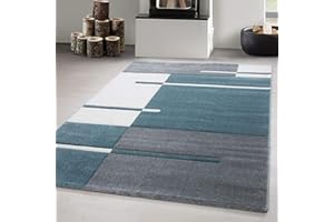 ‎CARPETSALE24 Carpetsale24 Konturenschnitt Teppich Wohnzimmer Blau - Grau - Weiß 80 x 150 cm Läufer - Kurzflor Teppich Schlafzimmer Kariert Design Pflegeleicht Extra Weich - Waschbarer Teppiche für Esszimmer Küche