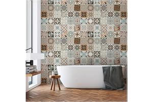 AMBIANCE STICKER 30 Stickers adhésifs carrelages | Sticker Autocollant Carreaux de Ciment - Mosaïque carrelage Mural Salle de Bain et Cuisine | Carreaux de Ciment adhésif Mural - azulejos - 20 x 20 cm - 30 pièces