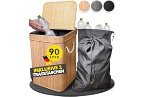 Handfill NEU Pfandflaschen Sammelbehälter aus Bambus - Pfandbehälter incl. zwei Tragetaschen - stabiler Leergut Sammelbehälter - Geruchsdichter Flaschensammler Leergut zur Pfandflaschen Aufbewahrung
