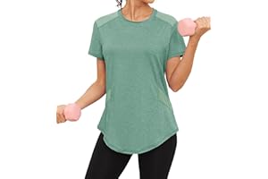 Gyabnw T-Shirt Sport Femme Manches Courtes Top Col Rond Léger Respirant Séchage Rapide Maille Aérée au Niveau des Épaules Haut Yoga Fitness Pilates
