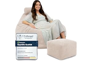 ‎DREAMROOTS DreamRoots Sitzsack Erwachsene Cord oder Kinder - Bean Bag Sofa - Sitzsack Cord mit Hocker und Bezug - Sitzsäcke mit Füllung 90x90x100 cm Vanilla Ice