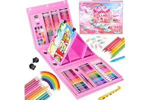 DOUBLECARE Valigia Dipinti per Bambini, 240 PCS Scatola di Arte di Kit di Disegno con Cavalletto Trilaterale a Doppio Face,Dipinti per Acquerelli Bambini, Regalo per Ragazze da 4 a 12 anni, Rosa…
