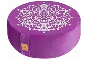 FELIZMAX Embroidered Meditation Pillow D=41cm H=14cm Round Velvet Meditation Cushion Yoga Bolster Floor Pouf Zafu Natural Buckwheat hulls Sitting on Floor Removable Organic Cotton Cover Large Kneeling Pillow