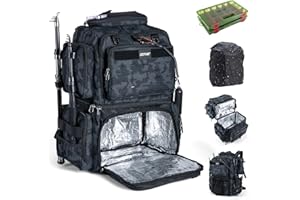 Goture 53L Insulated Fishing Tackle Bag with Rod Holders, 600D Large Lure Fishing Bag Contain 8 Soft Lure Bag, Water-Resistant Tackle Backpack With Rain Cover for Camping Hiking (Bag and 2 3600 Boxes)