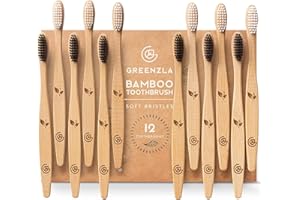 Greenzla Bamboo Toothbrushes (12 Pack) | BPA Free Soft Bristles | Eco-Friendly, Natural Bamboo Toothbrush Set | Biodegradable & Compostable Charcoal Wooden Toothbrushes