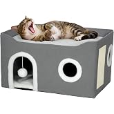 PawHut Foldable Cat House with Scratcher 3 Entrances 60 x 40 x 34 cm Grey | Cat Bed, Hanging Ball, Reversible Cushion in Plus