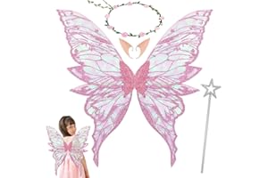 Orifinter Fairy Wings Adults, Butterfly Wings Fairy Costume Women, Fancy Dress Costumes Women, Elf Wings with Fairy Rod for Carnival Halloween Costume Birthday Cosplay Comic Con Themed Party (Rose)