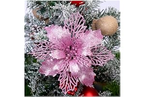 GL-Turelifes - Confezione da 12 Fiori di Stella di Natale Artificiali Glitterati, Ghirlanda di Natale per Albero di Natale, Diametro 16 cm, Rosa