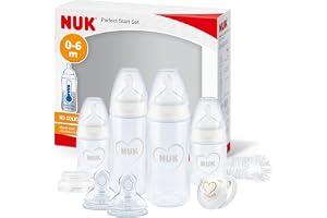 NUK Perfect Start First Choice+ set med nappflaskor | 0-18 månader | 4 nappflaskor med temperaturkontroll, napp, flaskborste m.m. | BPA-fritt
