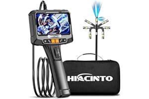 Hiacinto Cámara endoscópica dual giratoria, endoscopio giratorio de 360°, endoscopio bidireccional, pantalla IPS de 5,0 pulgadas, cámara de inspección con 9 luces LED, tarjeta de 64 GB y cable de 1,5