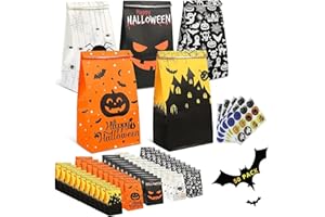 TOOELMON Halloween Geschenktüten, 50 Stück Klein Halloween Tüten Partytüten, Kleine Süßigkeiten Papiertüten mit Aufkleber, Papier Geschenke Tüte, Candy Tüten für Party