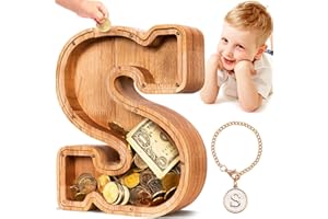 Summidate Spardose für Kinder Junge, Personalisiert Holz Großes Sparschwein, Unzerbrechliches Buchstabe A-Z Sparbüchse für Kinder Mädchen, Erwachsene, Geschenk&Dekoration