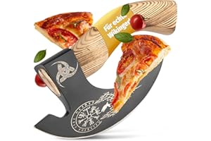 ECKWIN - Pizza Axt Wikinger inkl. Lederschutz - Pizzamesser für echte Wikinger - Pizzaschneider Axt perfekt geeignet als Wikinger Deko - Wikinger Axt, Pizza Wiegemesser, Wikinger Messer, Beil
