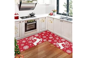 CAROMIO Schneeflocken Elch Weihnachts Küchenteppich, 2er Set rutschfeste Waschbare Küchen Fußmatten für Winter Heimküche Weihnachtsdekoration Rot 40 x 60 cm + 40 x 120 cm