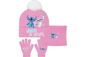 Disney Stitch Hat And Gloves 3 Piece Set | Girls Bobble Hat And Snood Set | Winter Hats For Kids | One Size Pink