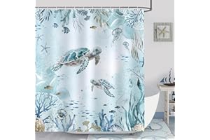 ‎BONHAUSE Bonhause Duschvorhang Meeresschildkröte Blauer Ozean Strand Küste Duschvorhänge 180 x 200 cm Anti-Schimmel Wasserdicht Polyester Stoff Waschbar Bad Vorhäng für Badzimmer mit 12 Haken