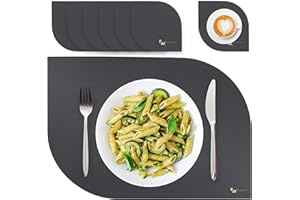 BW BLACKWHITE STORE Blackwhite Store Tischsets Abwaschbar Wasserdicht PU Kunstleder Platzset Abwischbar Lederoptik Dunkelgrau 6er-Set 2 Ecken 43x30cm 10x10cm Platzdeckchen Leder für Home Hotel & Restaurant