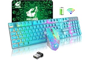 LEXONELEC Ratón inalámbrico para Teclado con retroiluminación de Arco Iris de 2,4 G, 104 Teclas, Teclado para Juegos + 2400 dpi 6 Botones óptico Rainbow LED Gaming Mouse + Almohadillas de ratón