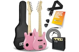 3rd Avenue 1/4 Size Kids Electric Guitar Pack for Junior Beginners - 6 Months FREE Lessons, 5W Portable Amp, Cable, Bag, Picks and Strap - Pink