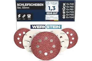 WERKSTEIN 60 Stück Schleifpapier 125mm Klett - Je 10x P40/60/80/120/180/240 Exzenterschleifer, 8 Löcher - Schleifscheiben für Metall, Holz uvm.