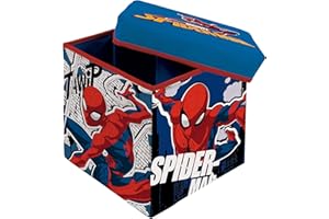 Superdiver - Cubo de almacenaje y asiento Spiderman - Licencia Oficial Marvel - 30x30x30 cm - Taburete infantil plegable con tapa acolchada - Organizador de juguetes
