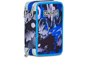 Seven Astuccio Scuola 3 Zip, Blu, Portapenne Triplo Scomparto Completo Di Penne, Matite, Colori, Accessori Zaino, Scuole Elementari, Bambino