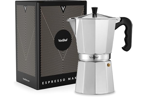 VonShef Cafetière Italienne - Cafetière Moka en Aluminium 12 Tasses - Pour Cuisinière à Gaz et Électrique - 600 ml - Joint et Filtre de Remplacement Inclus