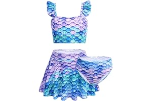 Arshiner Dziewczęce bikini zestaw 3 szt., kwiaty syrenki kostium kąpielowy z falbankami, tankini ze spódnicą, moda kąpielowa, kostium kąpielowy 5-12 lat