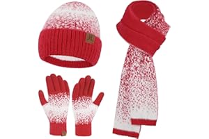BEQUEMER LADEN Femme Hiver Tricot Bonnet Chapeau Gants Tactiles Longue Echarpe Ensemble avec Doublure en Polaire Chauffants Skull Casquette Gants Foulards