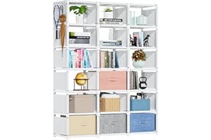 Tienily Book Shelf, Cube Storage Organizer, DIY Bookcase, Portable Metal Bookshelf, Tall Book case for Bedroom, Living Room, Study Room, Office, Closet, Black Cubicle Rack (White, 18-Grid)