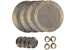 Penguin Home® - Set di 12 tovagliette, sottobicchieri e portatovaglioli con perline in vetro, colore oro antico, tovagliette rotonde, realizzate a mano da abili artigiani indiani, diametro 32 cm