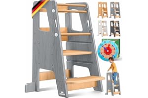 ‎KIDIZ KIDIZ® Lernturm für Kinder ab 1 Jahr inkl. Lernuhr | 3-stufig Höhenverstellbarer Tritthocker aus Kiefernholz | spielerisch motorische Fähigkeiten fördern Montessori Learning Tower bis 50 kg belastbar