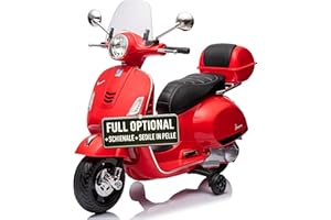 TOYSCAR Moto Elettrica per Bambini 12V Licenza Ufficiale Vespa Piaggio Modello GTS Super, Luci LED MP3 Sedile in Pelle Bauletto (Rossa)